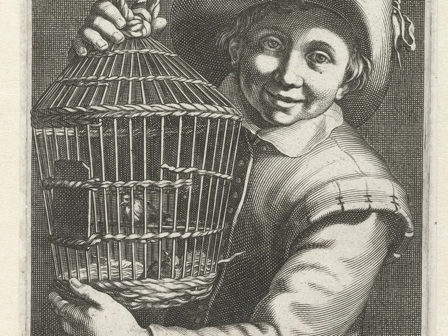Jongen met vogelkooi